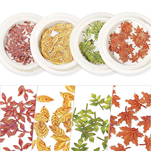 Fall Nail Art Decals Glitter Maple Leaves Nail Art Decals Autumn Designs Maple Leaf Nail Sequins 4 Designs of 3D Fall Leaves Nail Art Supplies For Women Girls 4 Boxes
