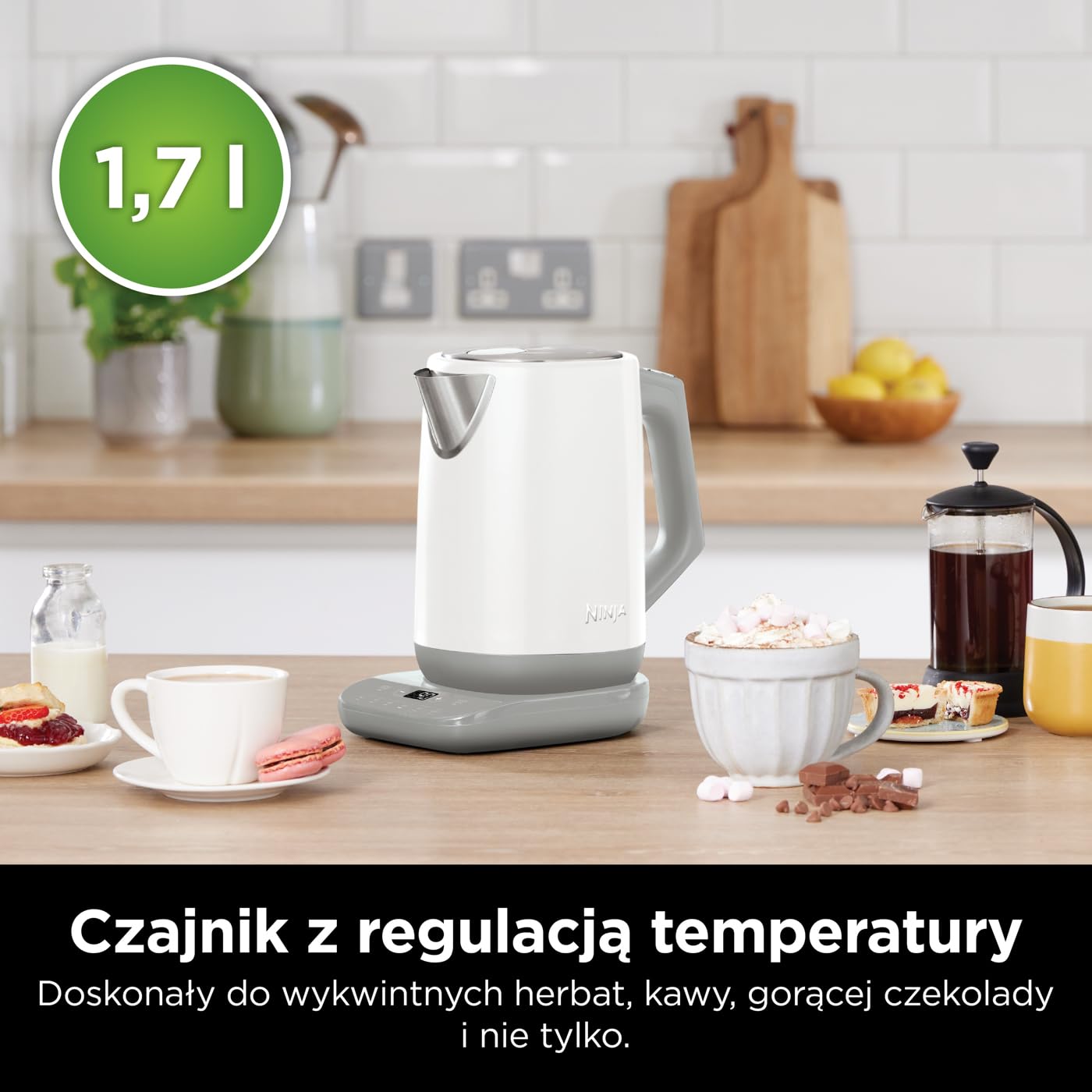 Ninja Czajnik Perfect Temperature, 1,7 l, wyświetlacz LED, czajnik elektryczny z funkcją szybkiego gotowania i różnymi ustawieniami temperatury, Biały, KT200EUWH