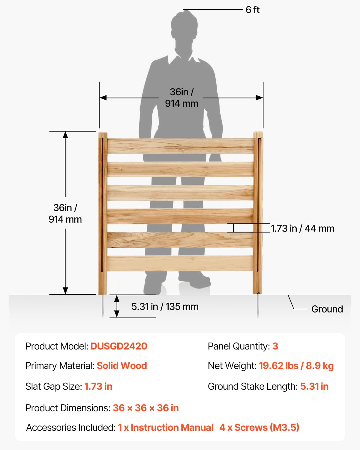 VEVOR Valla de Madera 914 x 914 mm, Valla de Listones de 3 Paneles, Cerramiento con Estacas de Metal, Valla de madera para Exteriores para Decoración de Jardín, Aire Acondicionado, Equipo de Piscina