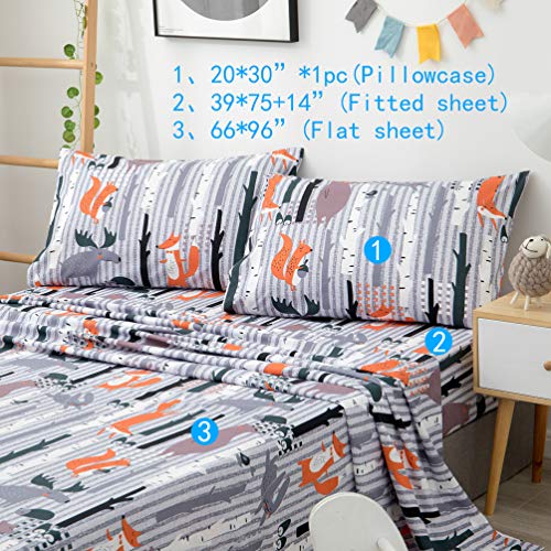 Jsd Kids Printed Sheets Set Twin, Cute Forest Animals Fox Soft Microfiber Bed Sheets For Boys Girls, 3 Pieces #TOP2