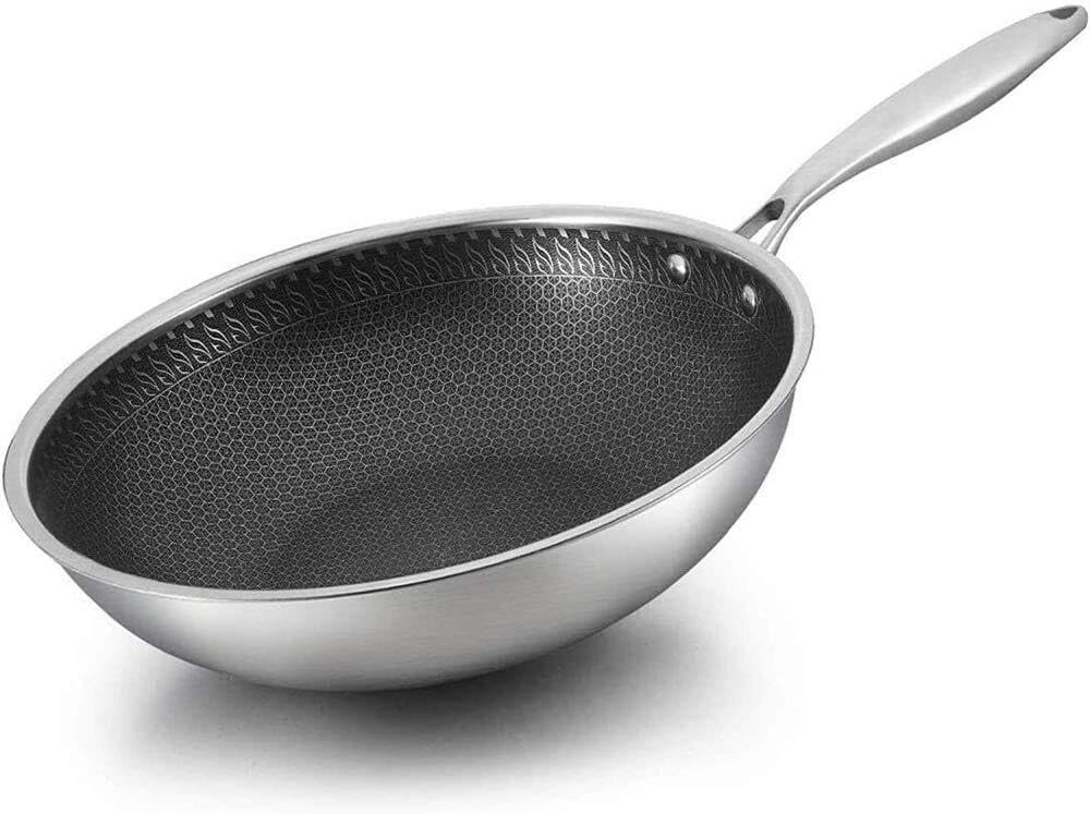 Wok antiaderente in acciaio inox a nido d'ape, pentole esagonali a nido d'ape, fondo piatto adatto a induzione, diametro pentola: 34 cm