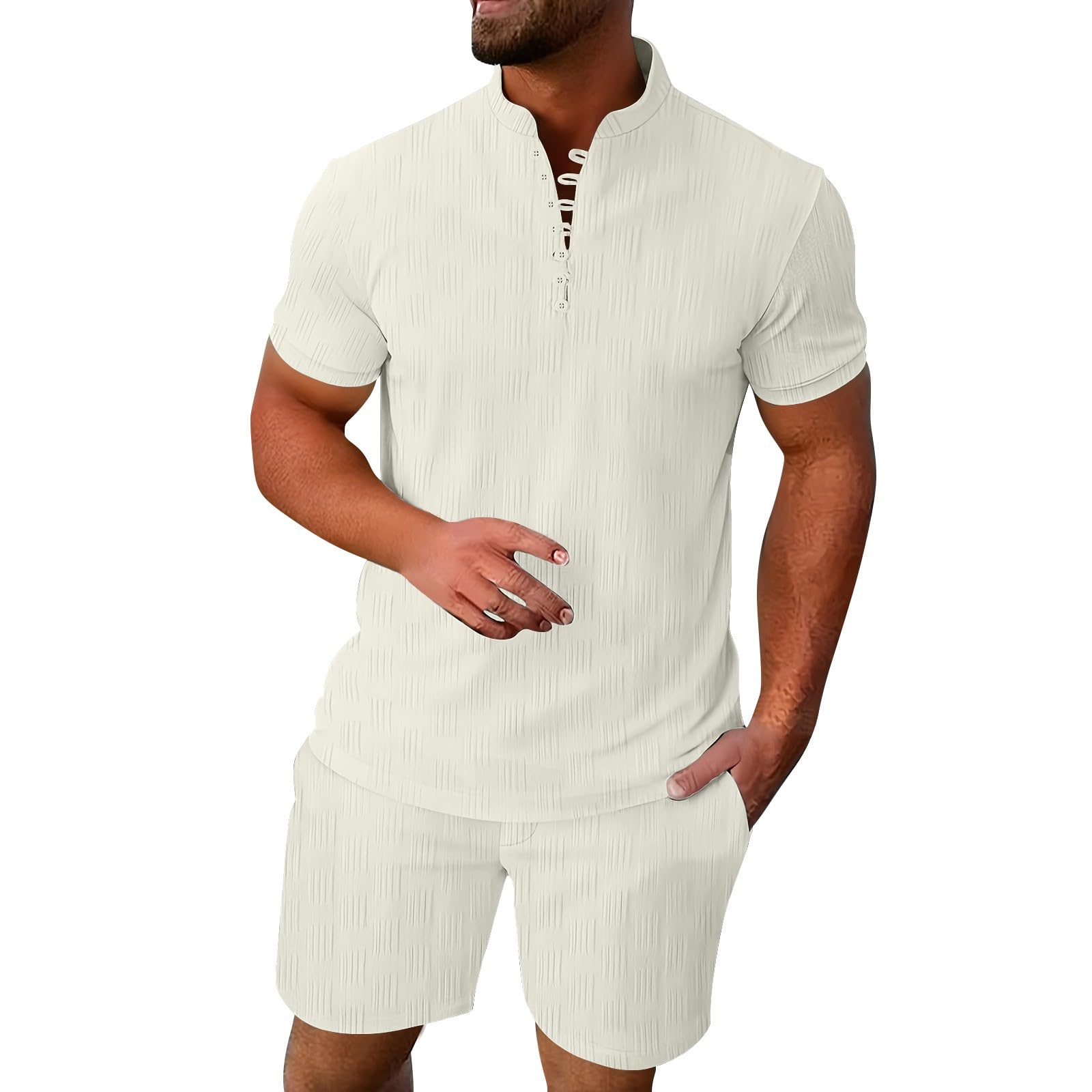 Generisch Henley - Pantaloncini estivi da uomo, a maniche corte, in due pezzi, in tessuto jacquar, tuta da jogging, in cotone, tinta unita, pantaloni corti con tasca, slim fit, taglie S-Xxl