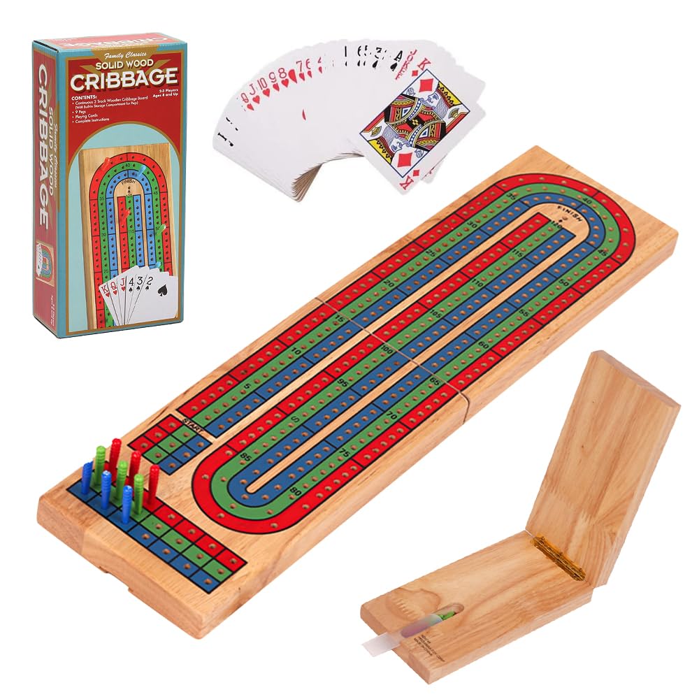 Cribbage Board Game Set Wooden 3 Track Folding Cribbage Board Cards & Pegs