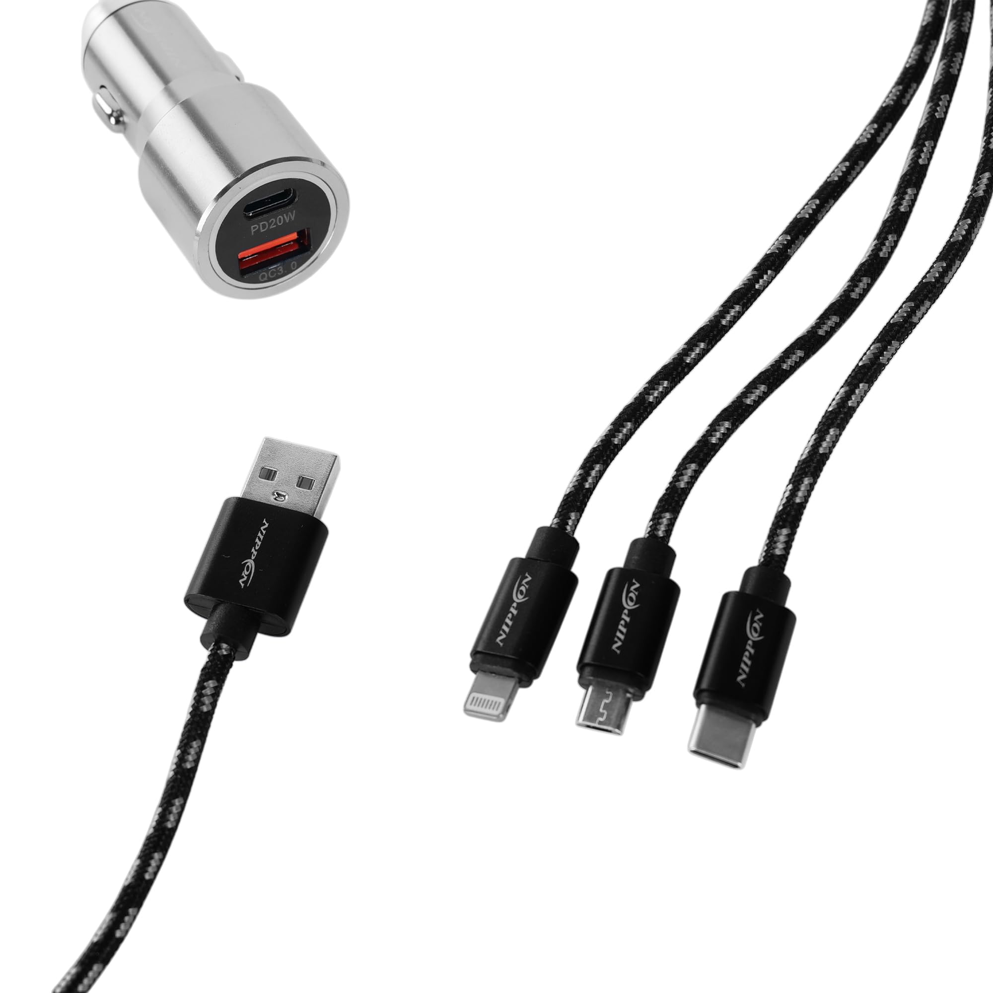 Nippon Dual USB Port Car Fast Charger with 1 Meter 3 in 1 Braided USB Cable Combo Pack Compataible with Both Android and iOS Device-image-40