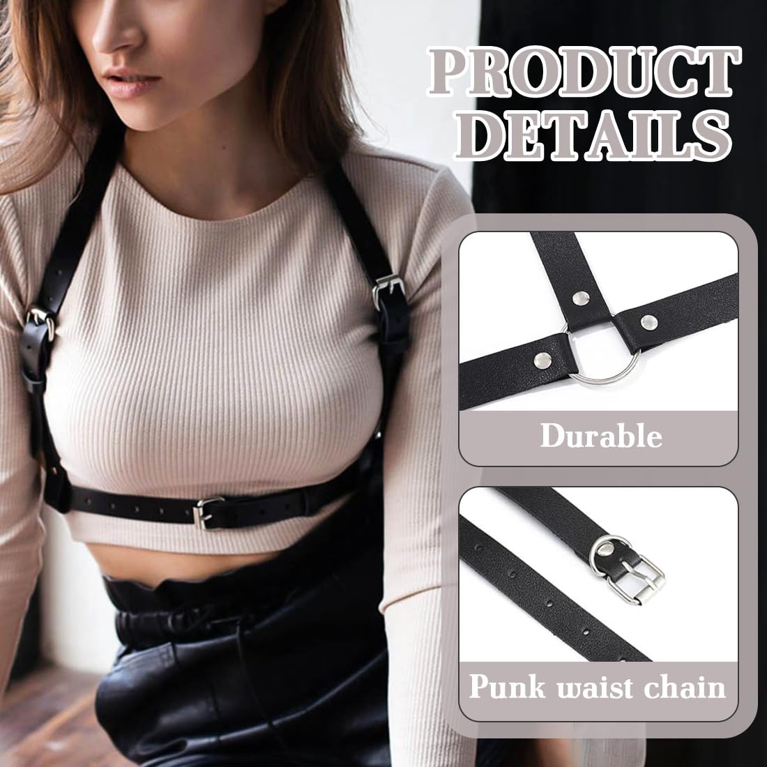 Punk Cinturón de Arnés de Cintura para Mujer, Cuerpo de Cuero Cadena de Pecho Gótico, Cinturón Joyería Corporal Ajustable, Cuerpo de Cuero PU Cadena de Pecho, para cosplay, Fiesta, negro
