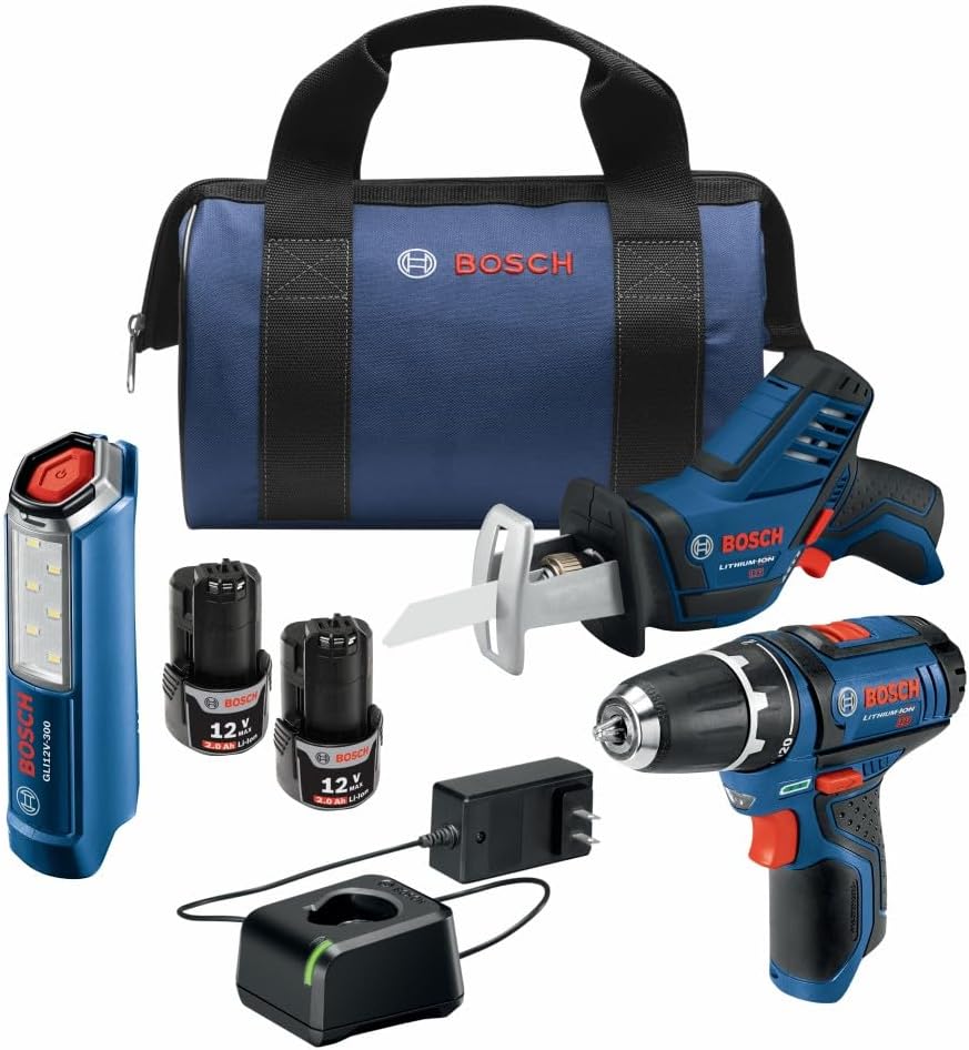 BOSCH GXL12V-310B22 12V Max 3 Tool Power Tool Combo Kit - Compact Cordless Drill Driver, Pocket Reciprocating Saw, and LED Worklight Set (Includes: 2 Batteries, Charger & Bag)