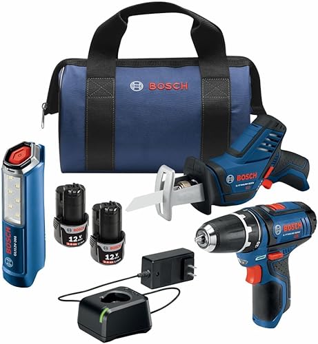 BOSCH GXL12V-310B22 Kit combinado de herramientas eléctricas de 12 V máx. - Taladro inalámbrico compacto, sierra recíproca de bolsillo y juego de