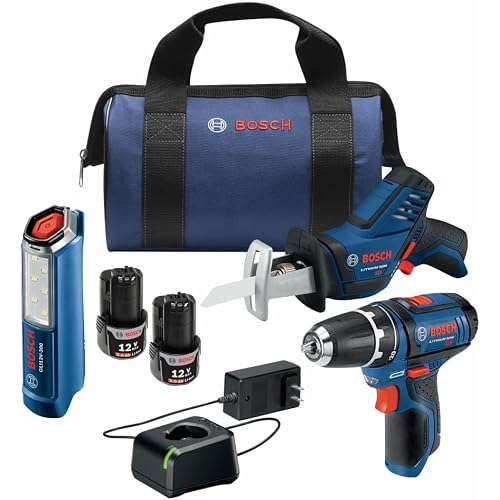 BOSCH GXL12V-310B22 12V Max 3 Tool Power Tool Combo Kit - Compact Cordless Drill Driver, Pocket Reciprocating Saw, and LED Worklight Set (Includes: 2 Batteries, Charger & Bag)
