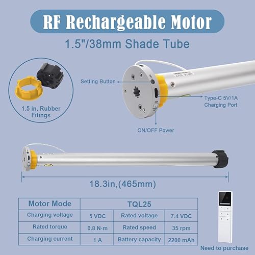 Miniatura 2 de TIPIACE Motor recargable RF para persianas enrollables de tubo de 1.496 in compatible con Alex Google Home a través de Hub (motor recargable)