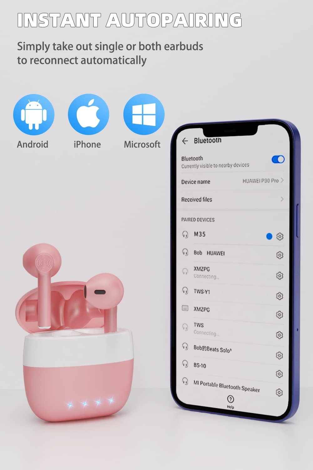 Wireless Earbuds Bluetooth, ENC Noise Cancelling Deep Bass in-Ear Stereo Ear Buds,IPX6 Waterproof Headphones with Mic, USB-C Charging Case, Touch Control Earphones for iPhone & Android(Pink 2) Pink-Off