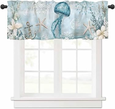 Coastal Jellyfish Valances for Windows, Nautical Anchor Starfish Kitchen Curtains Window Treatment Decor, Beach Floral Aqua Rod Pocket Short Window Valances for Living Room/Bedroom, 54" x 18"