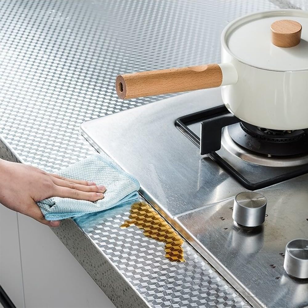 Aluminum Foil Sticker 5M x 40CM Oil-Proof Kitchen Countertop Liner Self- Wall Cover Cabinet Tile Backsplash Silver