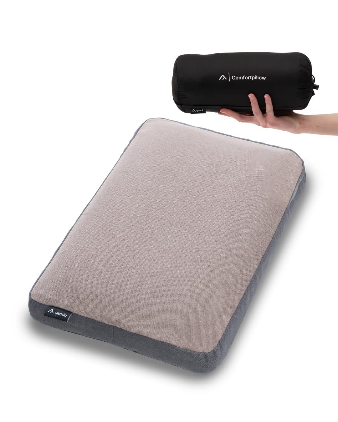 qeedo Comfort Pillow - Max, kompaktes Reisekissen aus Memory Foam (55 x 35 cm) komprimierbar, waschbarer Bezug aus Polyester, Kissen für Camping, Hotel, Ferienwohnung, Home-Bereich