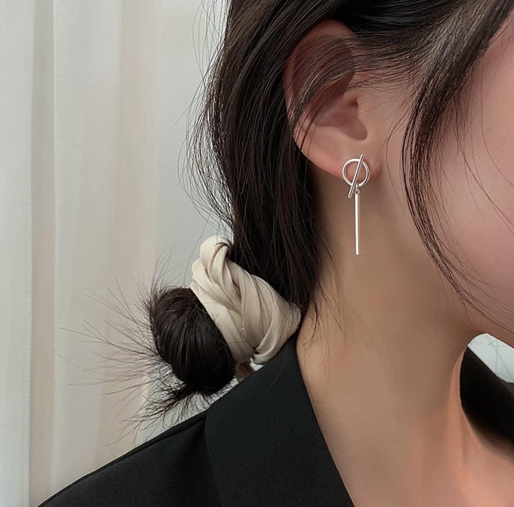SLUYNZ 925 Sterling Silver Bar Dangle Earrings for Women Feather Drop Earrings Circle Studs