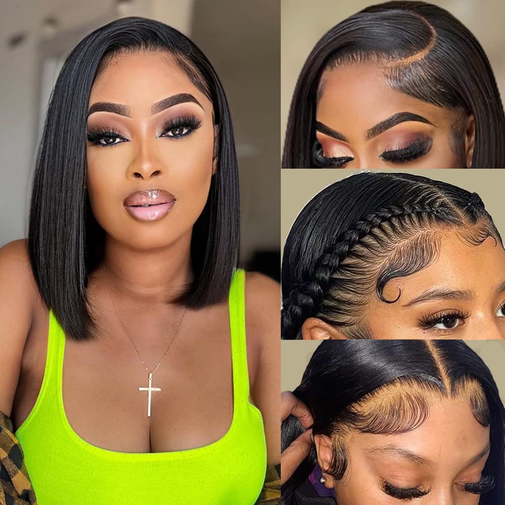 Bob Wig Human Hair 13x4 Lace Frontal Wigs Human Hair Short Straight Bob Human Hair Wigs for Black Women Pre Plucked Hairline with Baby Hair 150 Density Glueless Lace Closure Wig(8”Natural Black)