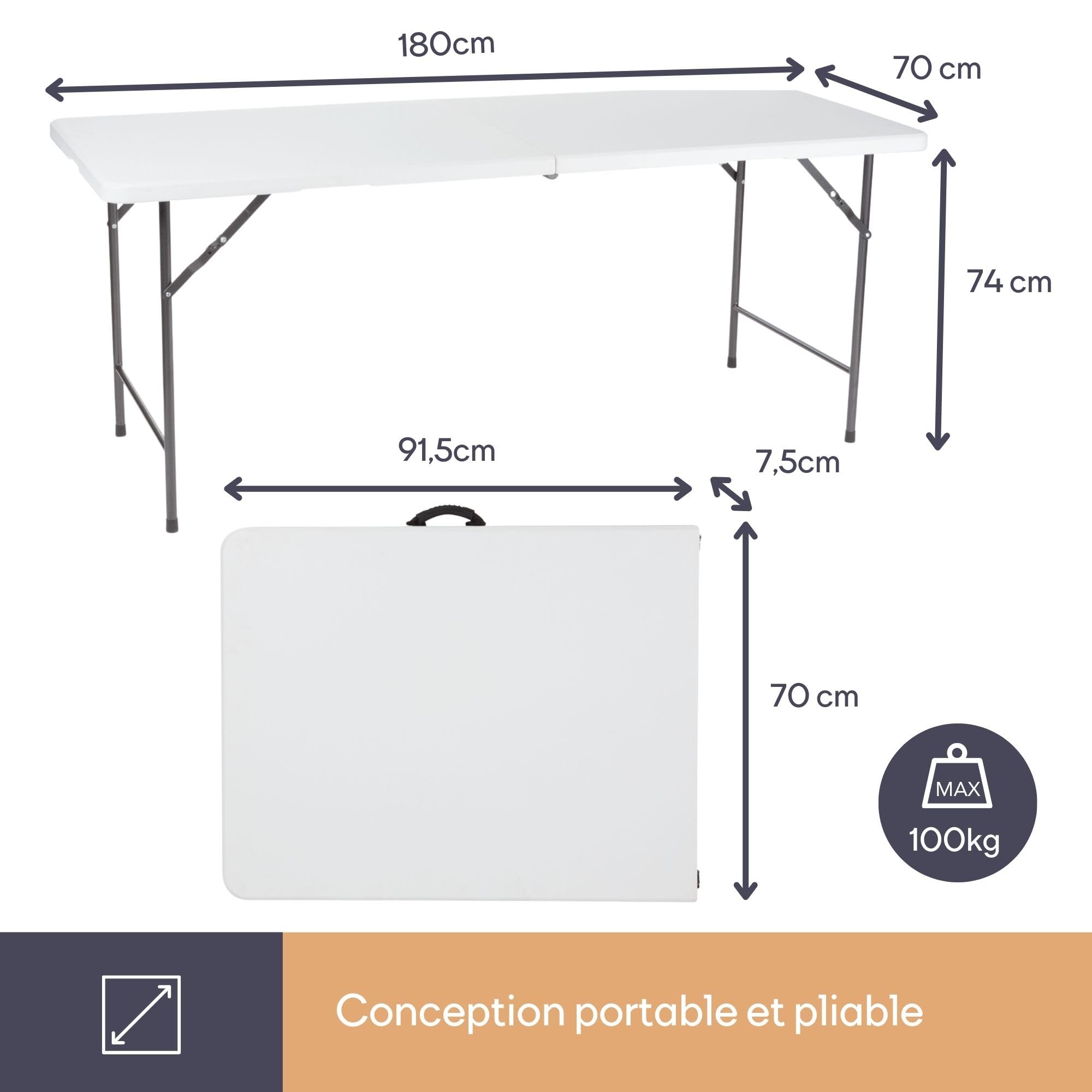 Perel Table Pliante, Table Valise, Table Pliable, résistante aux intempéries, avec poignée, idéale pour Pique-Nique, Camping, Barbecue, fête, supporte jusqu'à 100 kg, Blanche