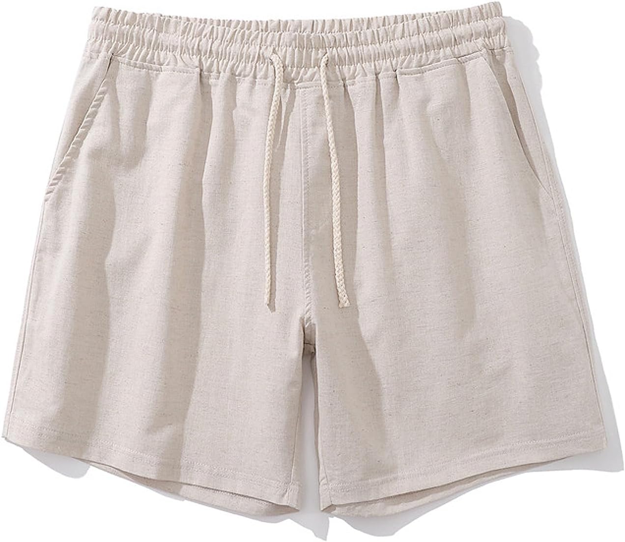 Mens Cotton Linen Shorts 4 Inch Inseam Drawstring Casual Beach Shorts with Pockets