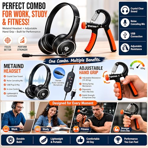 Image of Metaind USB Headset with Noise Cancelling Mic Meta MT30 & Adjustable Hand Gripper Combo | Wired Headphones for Office, Gaming, Online Classes, Work from Home