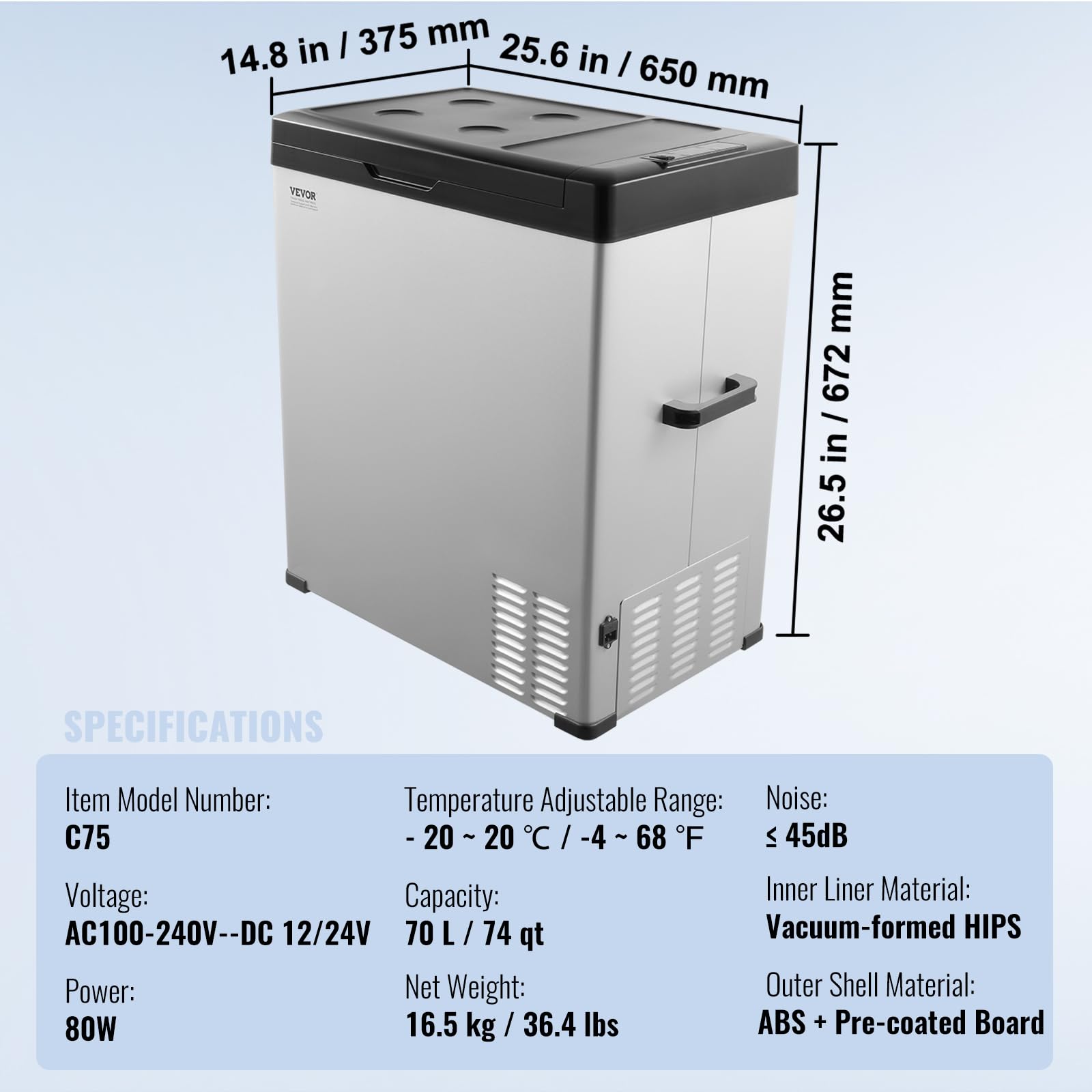 VEVOR Réfrigérateur Portable à Compression 70 L, Mini Frigo de Voiture 12/24 V CC et 100-240 V CA, Glacière à Zone Unique, -20 °C à 20 °C Température Réglable, pour Camion Bateau Maison Camping