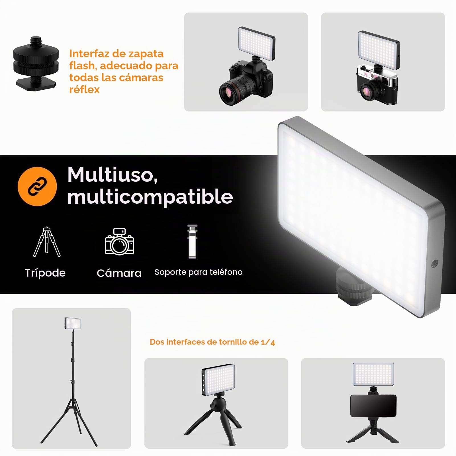 Luz de Vídeo, 3000K-6500K Foco Portatil Led 4000 mAh Recargable, 96 LED | 3 Modos Luces Led Fotografia Regulables CRI 95+ para Cámaras DSLR Vlog Zoom Sony Canon TikTok