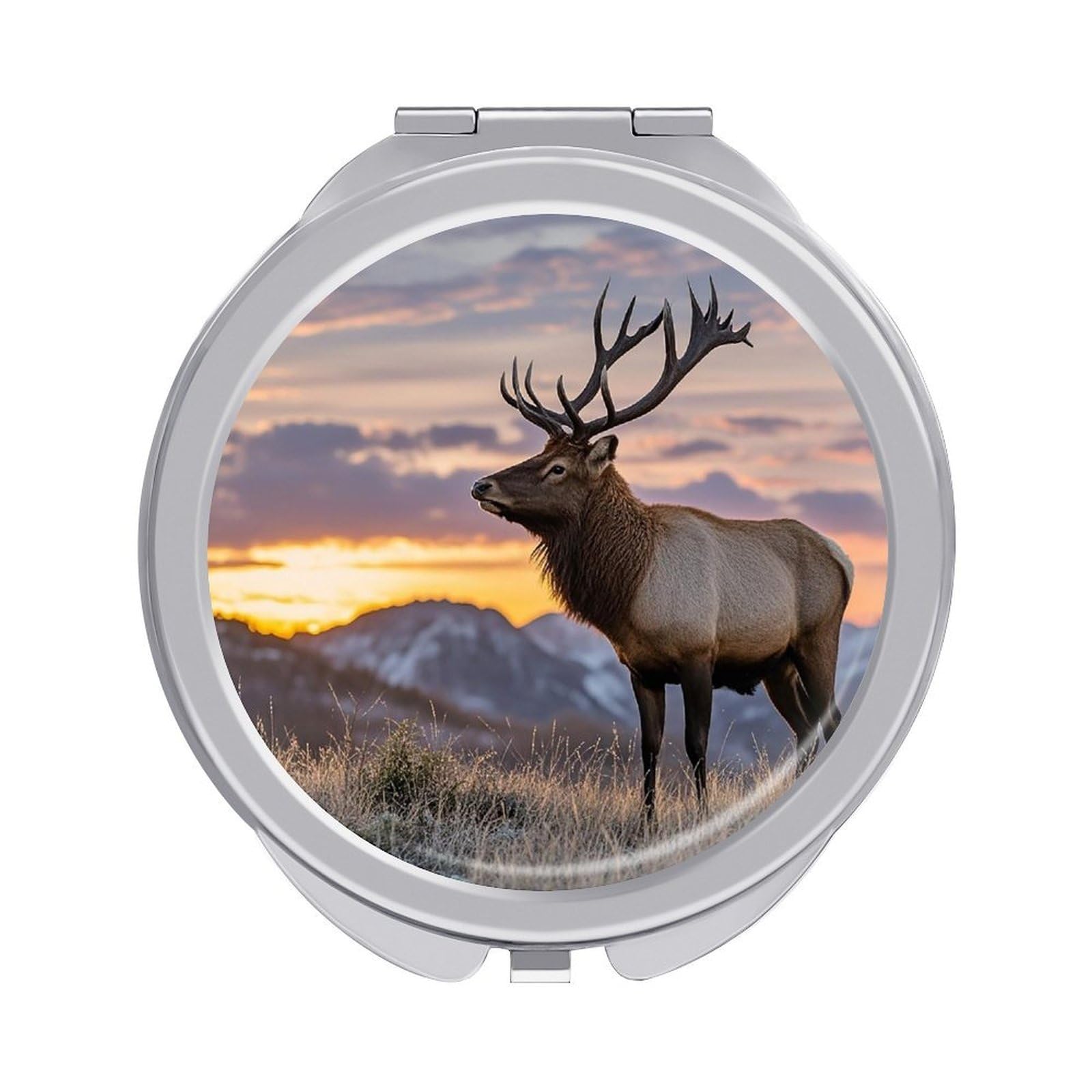 VstaDank Red Deer Bull Elk Sunset Travel Makeup Mirror 2 X /1 X Magnifying Mini Vintage Pocket Mirror for Purse Small Portable Folding Small Round Mirrors Portable Vanity Mirrors for Women