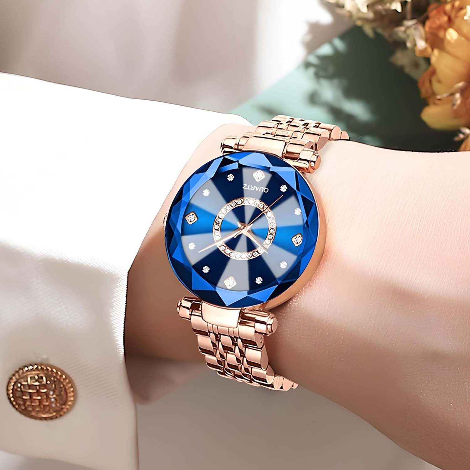 Watches for Women Stainless Ladies Luxury Diamond Dress Business Crystal Blue with Heart Pendant