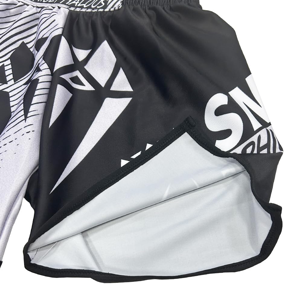 Kids Boys Boxing Muay Thai Shorts MMA Martial Arts Kickboxing Training Trunk Fight BJJ Grappling Boxer Shorts Bottoms (US, Age, 6 Years, Black&White)