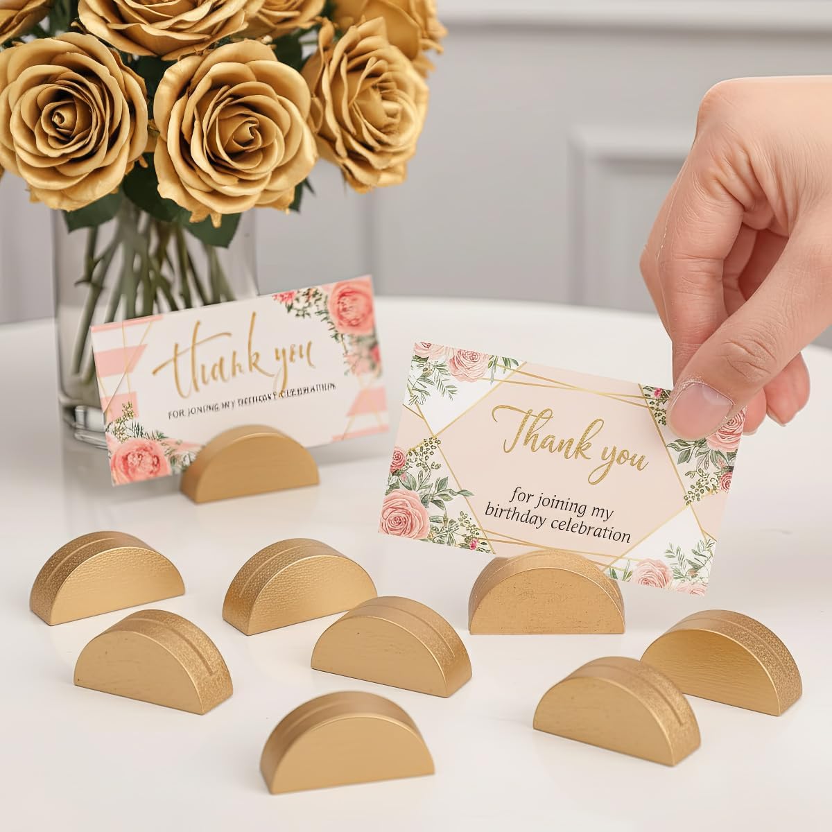 24 Pcs Wood Place Card Holders Set, Rustic Wooden 15, Half Round Photo Display Stands for Wedding, Party, Café, Restaurant, Business, Home, and Office Decoration (gold)