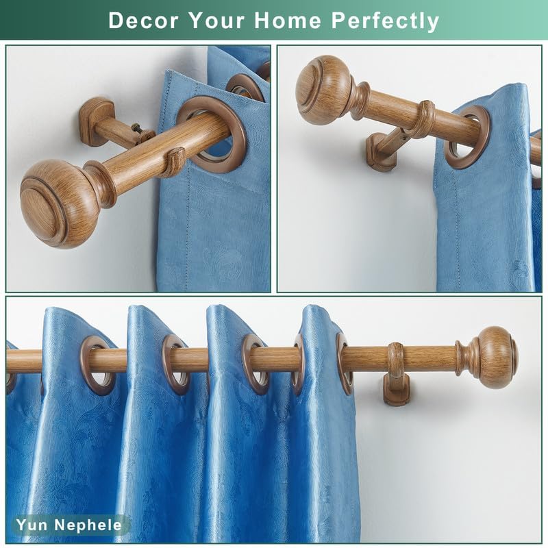 Wood Curtain Rods for Window 72-144 Inch(6-12ft), Heavy Duty Curtain Rod, 1 1/8" Diameter Boho Drapery Rods with Imitation Wood Grain Finials and Adjustable Brackets