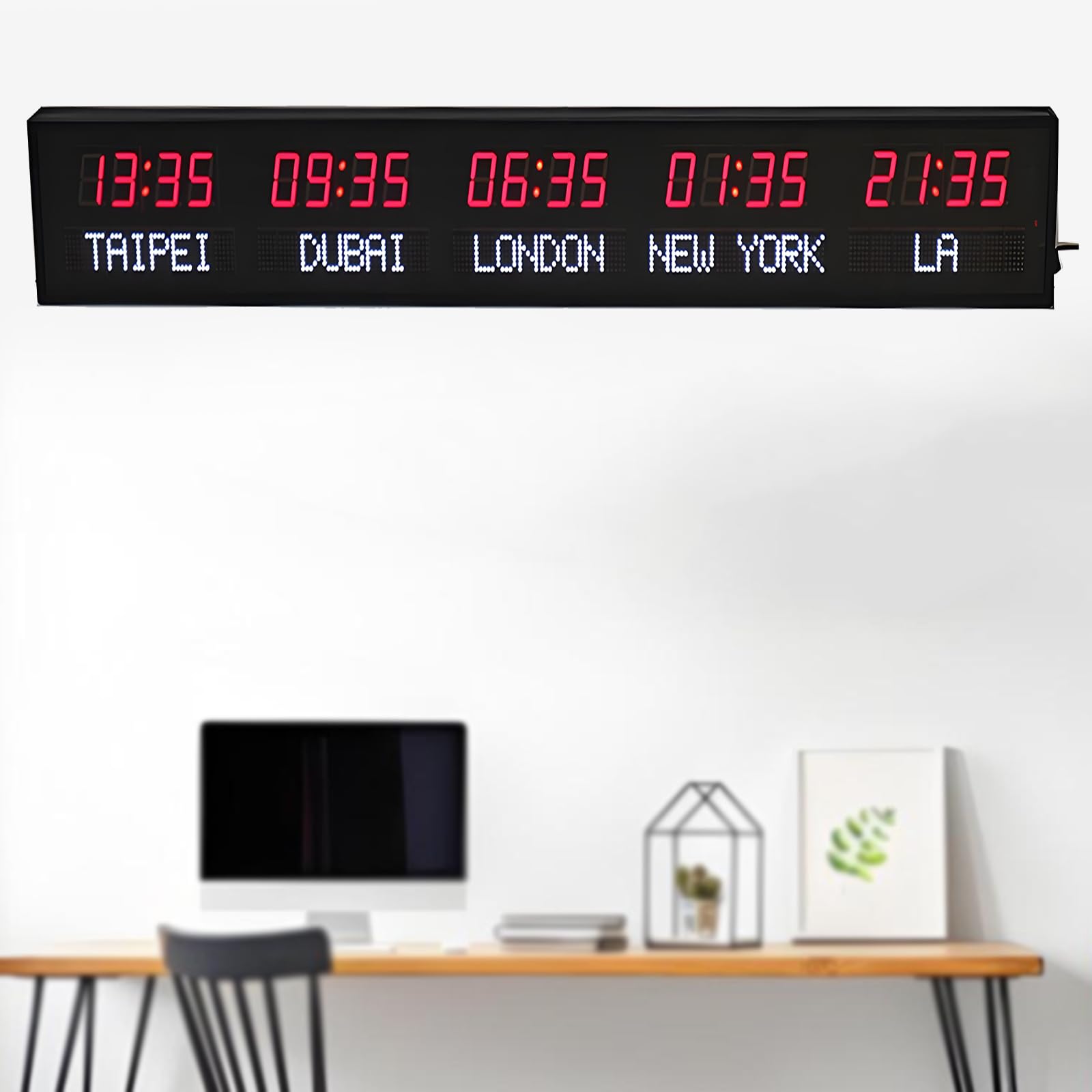 Cyfrowy zegar światowy, zegar LED z czasem światowym, zegar ścienny z 5 strefami czasowymi, LED zegar ścienny z czasem światowym, z pilotem zdalnego sterowania (Red+white)