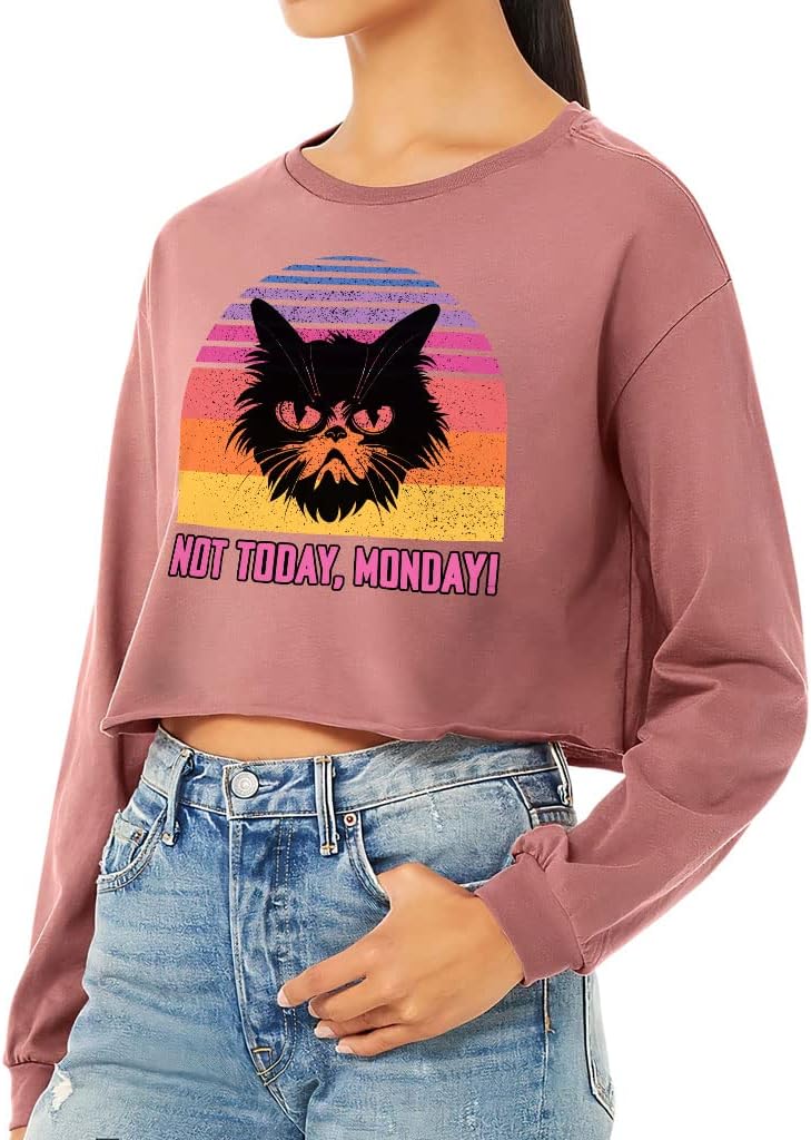 Not Today Monday Cropped Long Sleeve T-Shirt - Word Design Women's T-Shirt - Printed Long Sleeve Tee - Mauve, S