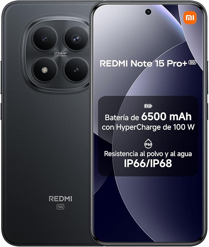 XIAOMI REDMI Note 15 Pro+ 5G - Smartphone de 8+256GB, Pantalla AMOLED 6,83" 1.5K AMOLED, Snapdragon 7s Gen 4, cámara de 200 MP, Hypercharge 100W, Cargador no Incluido, Negro (Versión ES) oferta Amazon