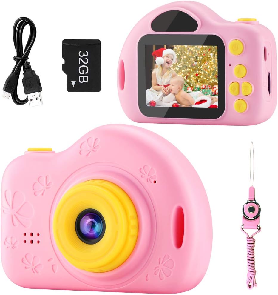 Kids Camera, Digital Video Camera Children Creative DIY Camcorder with Rechargeable Battery Birthday / Christmas / New Year Toy Gifts for 3 4 5 6 7 8 9 10 Year Old Girls with 32GB SD Card