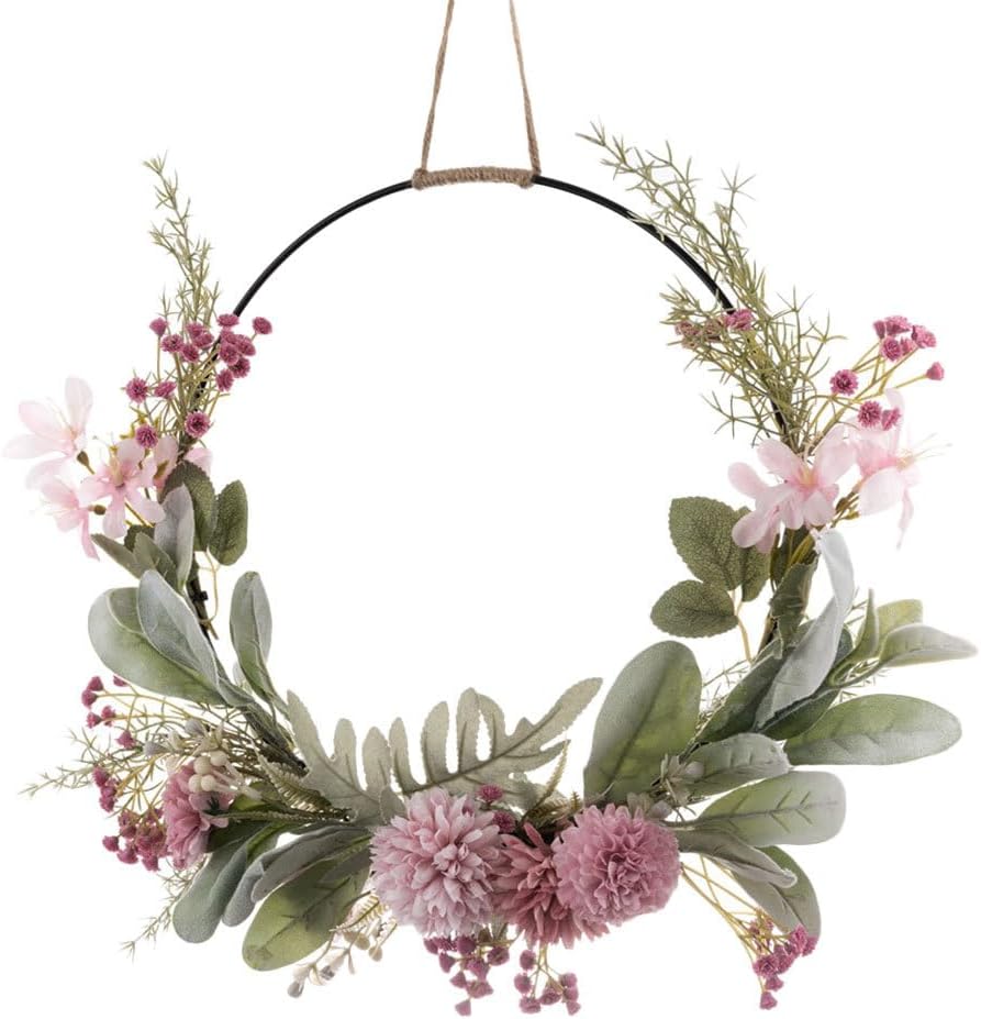 Alipis Pink Lambs Ear Wreath 16 Inch Artificial Floral Hoop for Front Door Boho Home Decor Wedding Easter Indoor Outdoor