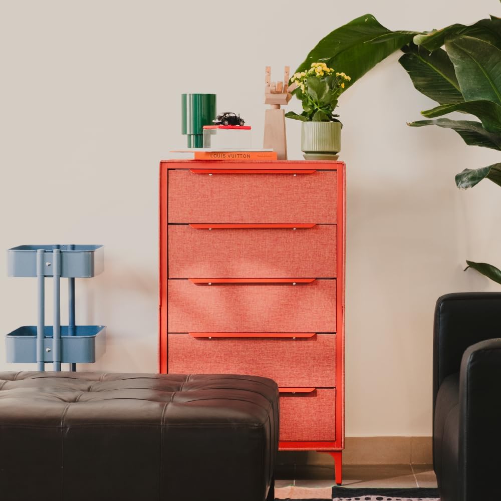 tinge Naima Premium Fabric Dresser - Strong Metal Frame, 5 Spacious Sag-Proof Drawers with Sleek Metal Handles - Premium & Durable Storage Solution for Your Home (Orange)