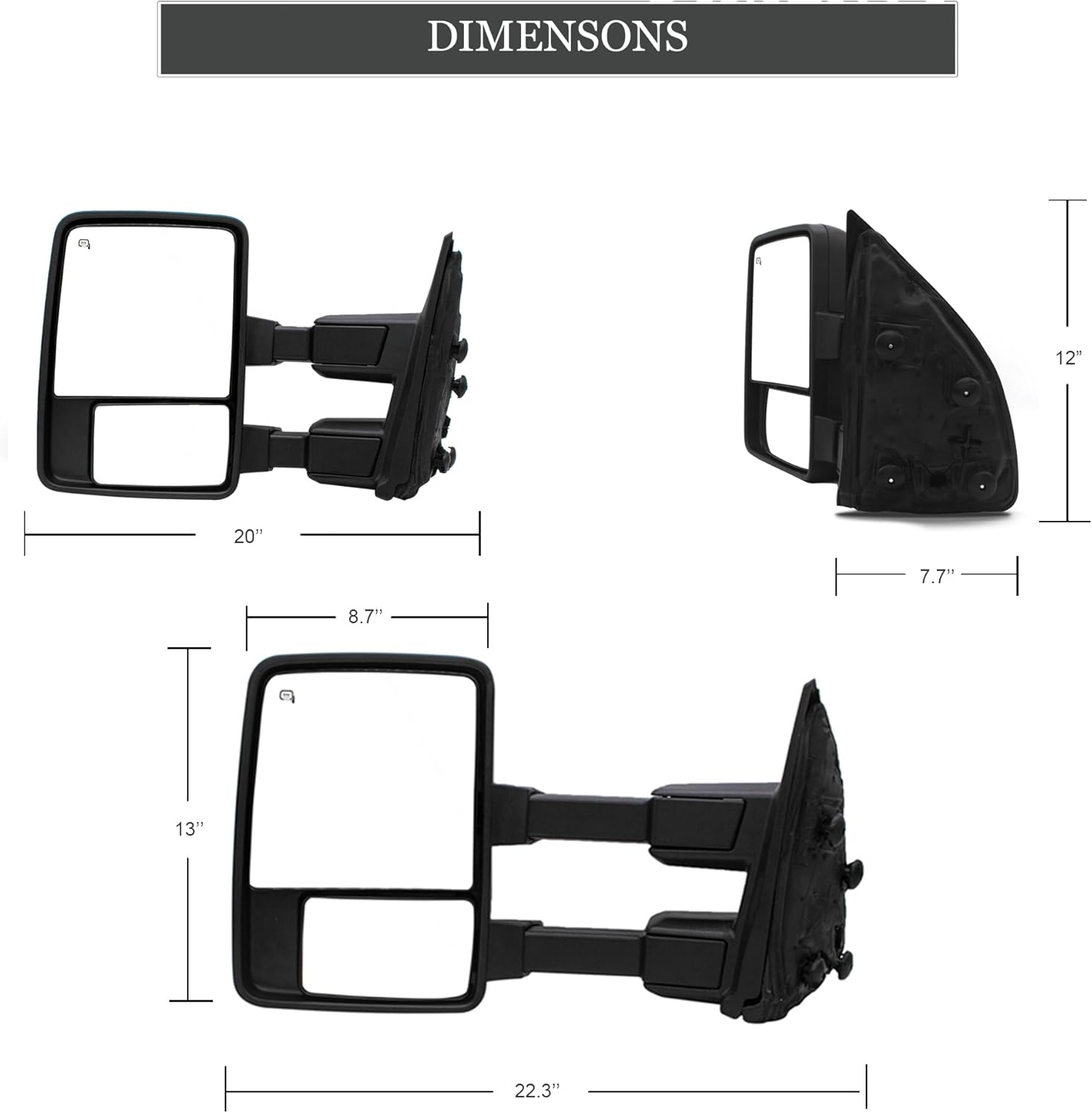 ReYee A Pair of Towing Mirrors fit for 2008-2016 Ford F250 F350 F450 F550 Super Duty Manual Telescopic Power Heated with Smoky Color Turn Signal Light Temperature Sensor Auxiliary Light Black Cap