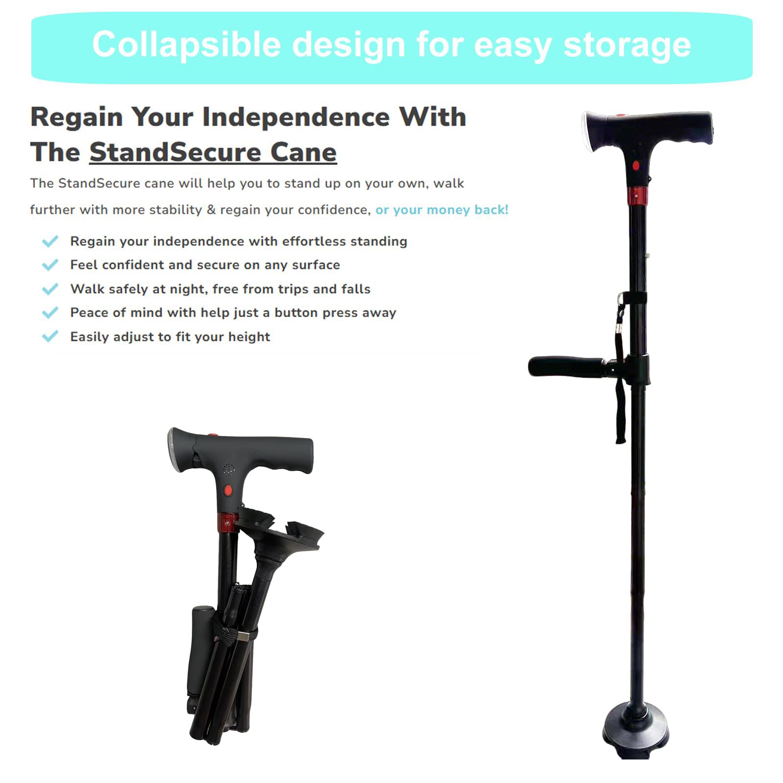 Bastón Naxir Stand Secure – Soporte Estable con Luz LED y Alarma, Ajustable, Base Antideslizante para Mayores