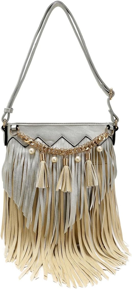 Fringe Messenger Cross-Body with Elegant Chain & Pearl Tassel Detail Women's Handbag Purse (Metallic)