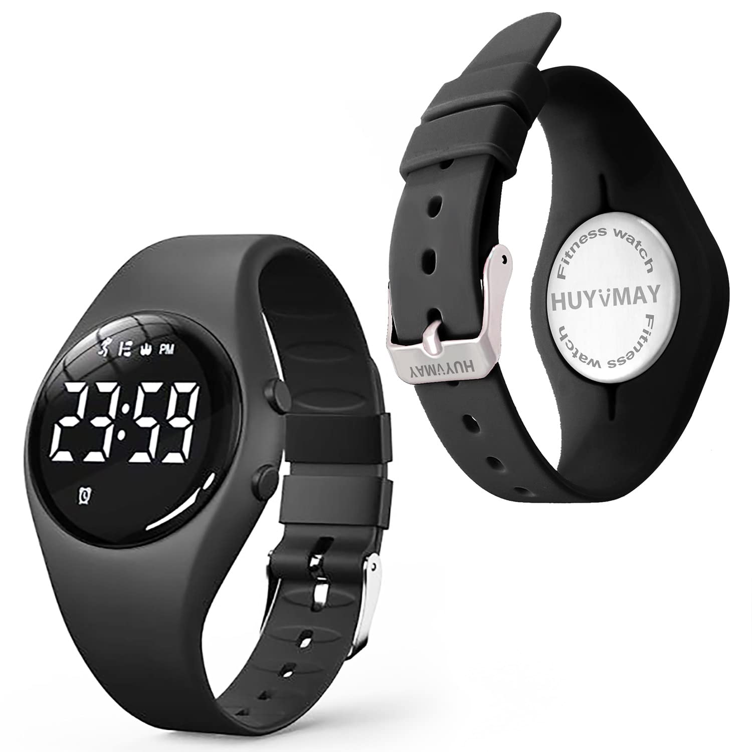 HUYVMAY Fitness Pedometer Watch No App No Phone Required, 20 Days Battery Life Rechargeable Watch,IP68 Waterproof LED Digital Watch with Alarm Clock Timer Steps Distance Calories for Women & Kids