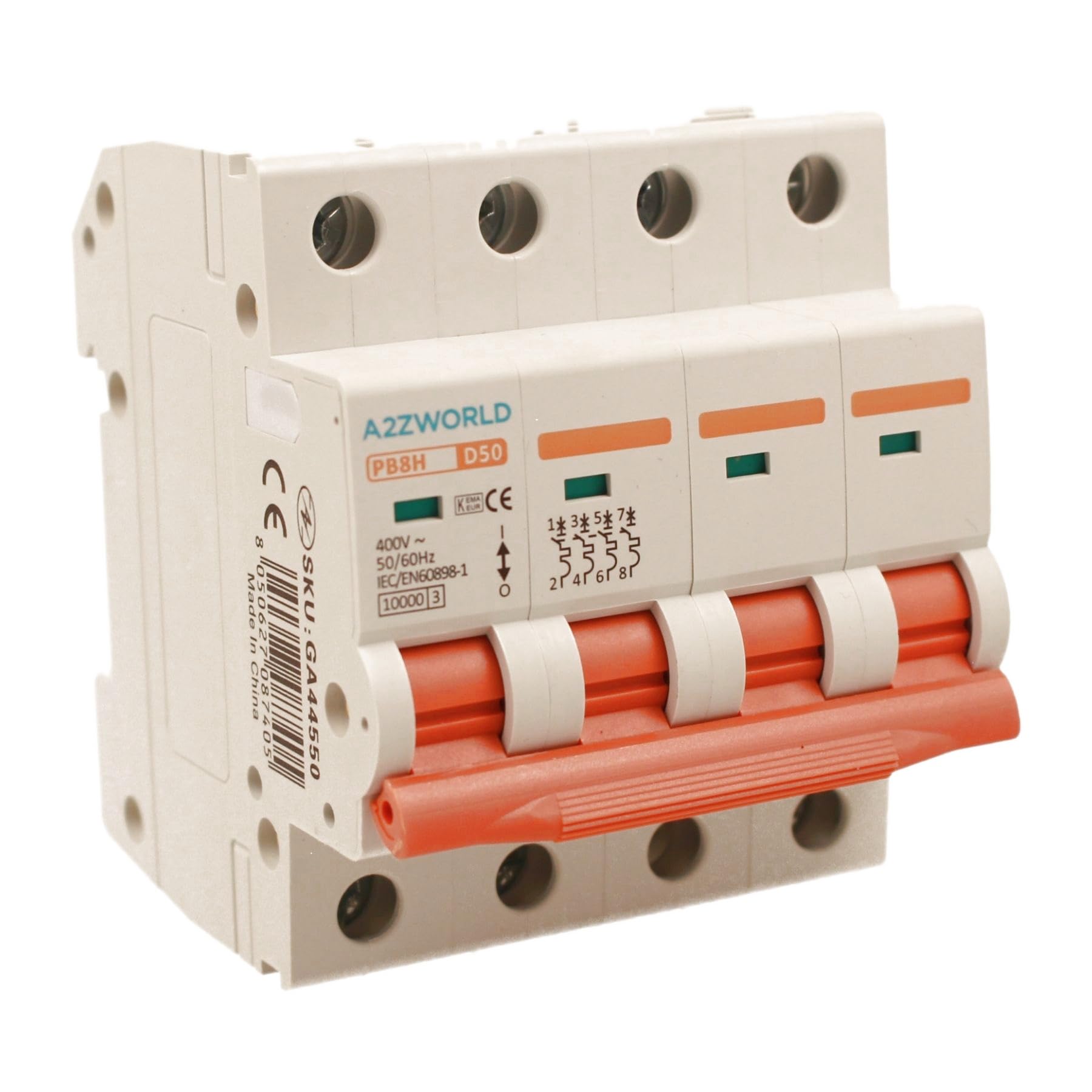 2 Pezzi Interruttore Magnetotermico Trifase 4P 50A D50, Curva D 10kA, 4 Moduli DIN 380V AC, Certificato IEC60898-1, Serie PB8H Professionale