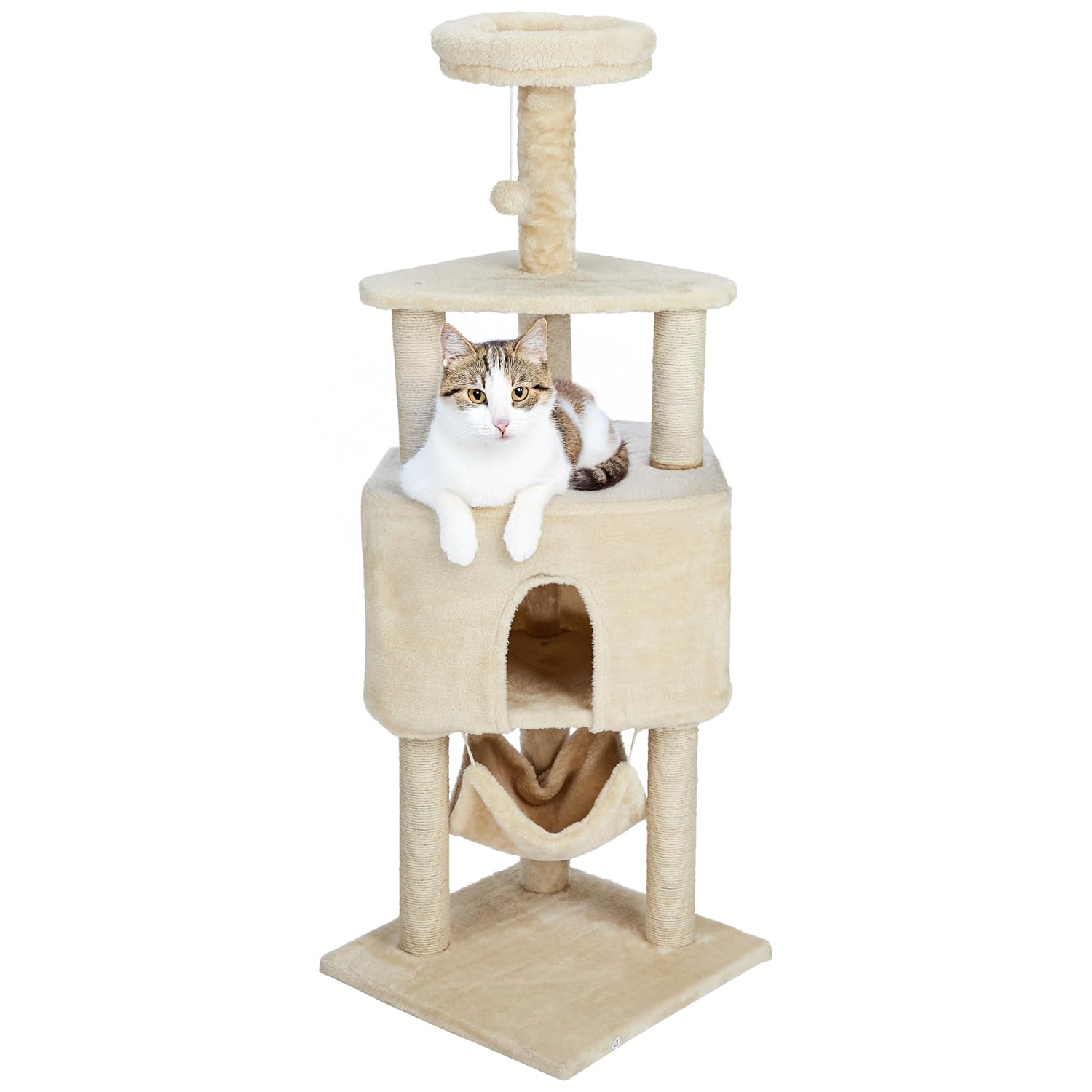 Amazon Basics Cat Tree Natural Sisal Rope with Three Floor Tower Furry Hanging Ball, Light Beige (L)