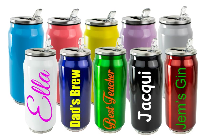 Personalised Custom Stainless Steel Drink Bottle (Can Style) with Flip Straw and Screw Lid - Any Name, Word, Business, Sports, School, Promotional Merchandise