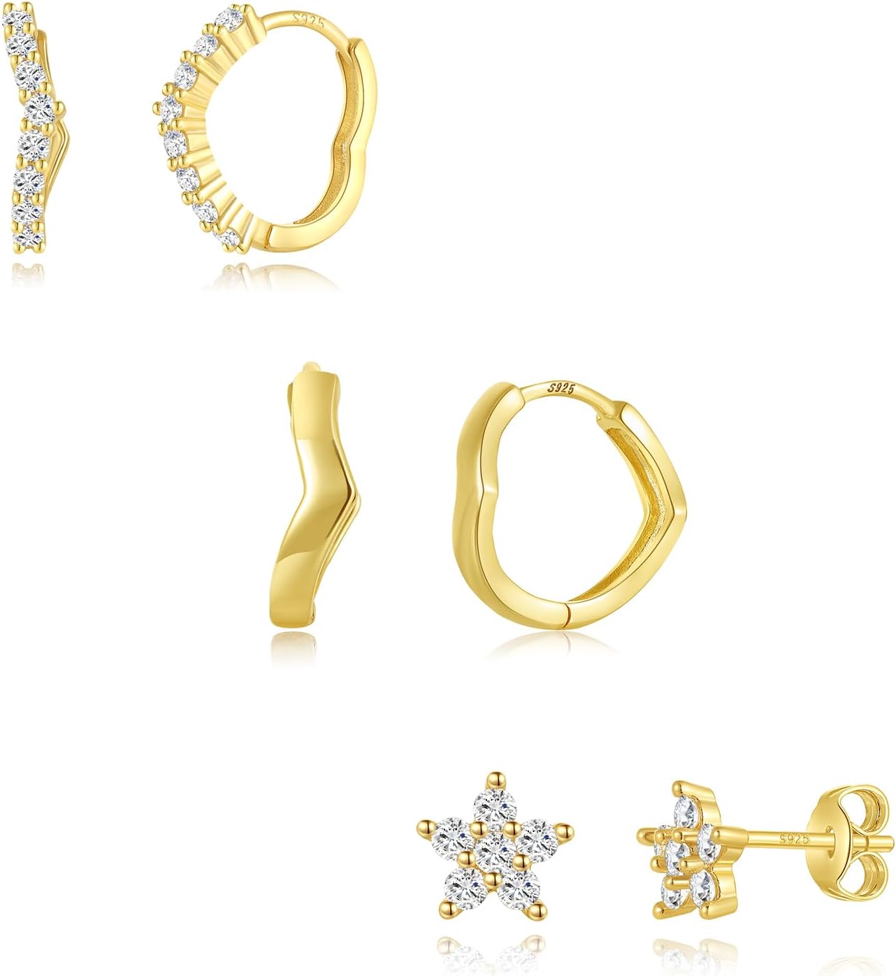 GEORGE · SMITH Gold Flower Earrings for Women, 925 Sterling Silver Flower Stud Cartilage Earring Set, Cubic Zirconia Earring Sets for Multiple Piercing, Dainty Gold Stud Earrings Set - Image 2