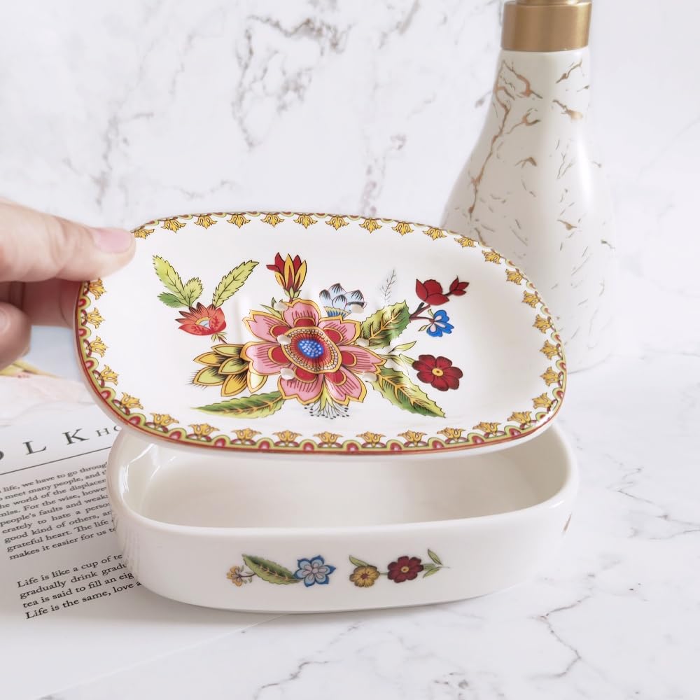 Self Draining Soap Dish, Double-layer Bar Soap Tray, White Ceramic Soap Dish with Elegant Patterns (Style E) - Image 2