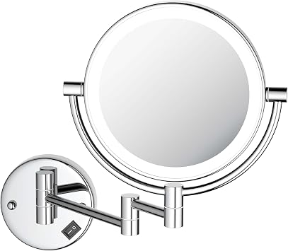 KIBI Circular Wall Mount Makeup Mirror with LED Lights, Dual-Sided 1x/5x Magnifying Mirror with Adjustable Arm, 360 Swivel, Solid Brass Construction for Durability and Style Chrome, KMM101