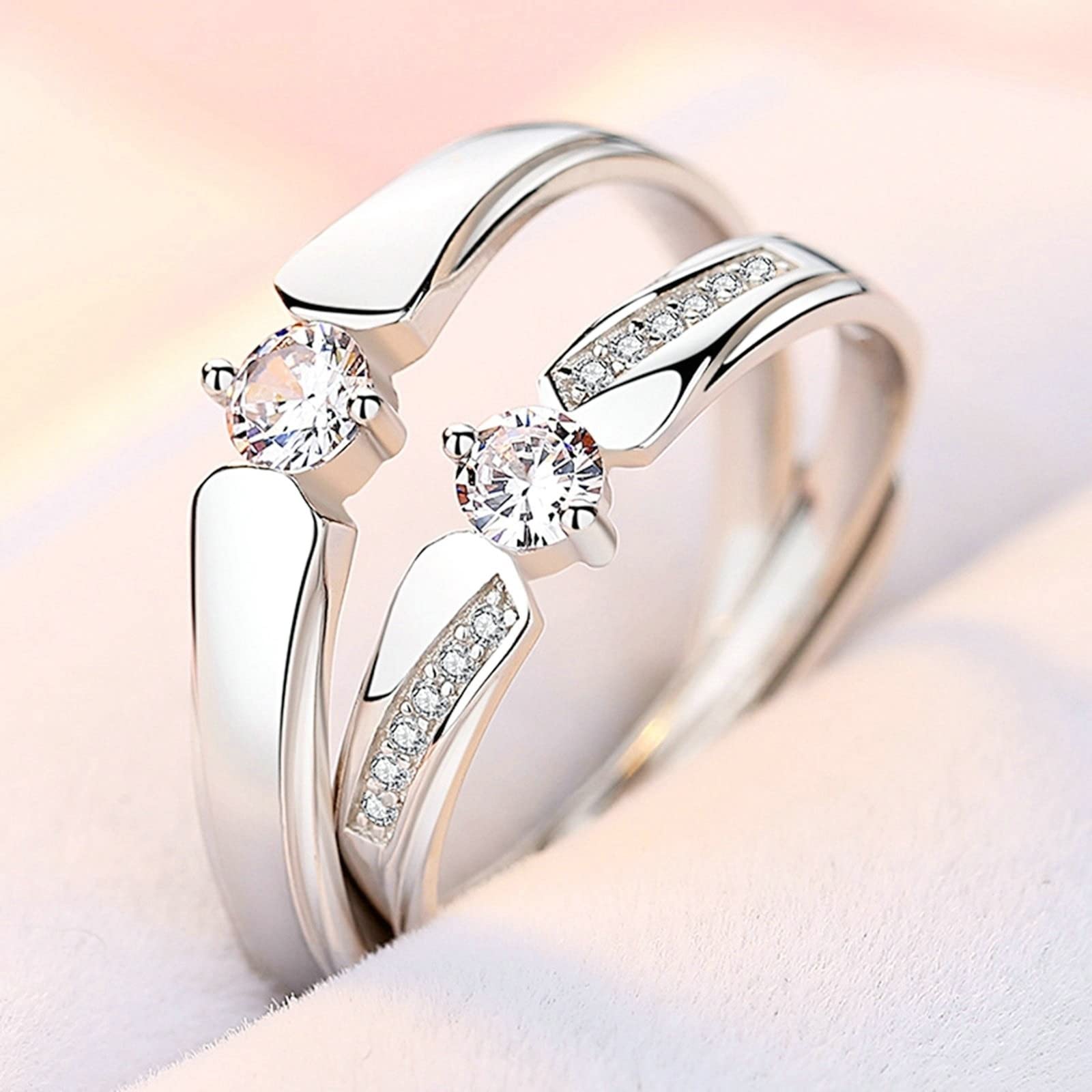 Coppia di anelli di promessa, anello di strass con design classico argento coppia anello regolabile regalo, Adjustable, Cristallo, Zirconia cubica