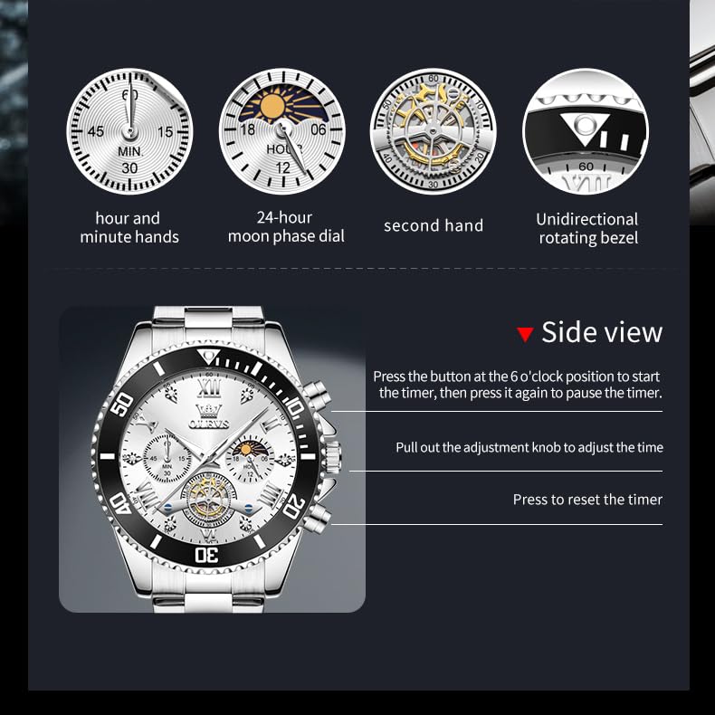 Image of OLEVS Mens Watches Chronograph Luxury Dress Moon Phase Two Tone Stainless Steel Waterproof Luminous Business Calendar Wrist Watch