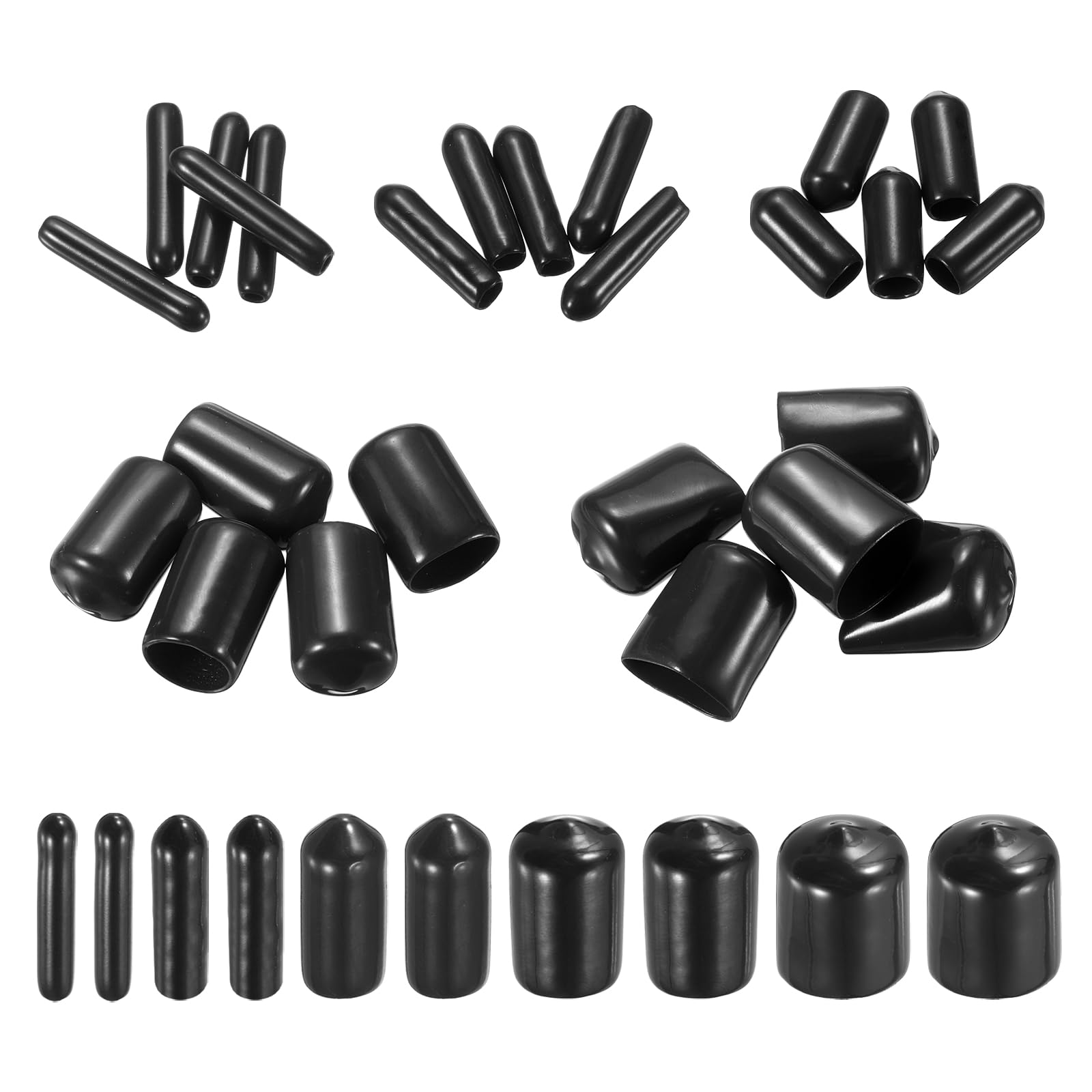 MECCANIXITY 50pcs Round End Protective Caps Rubber Cover 1/16" 1/8" 1/4" 1/2" 3/4" Black Screw Protector for Screw Bolt, Plumbing Pipe