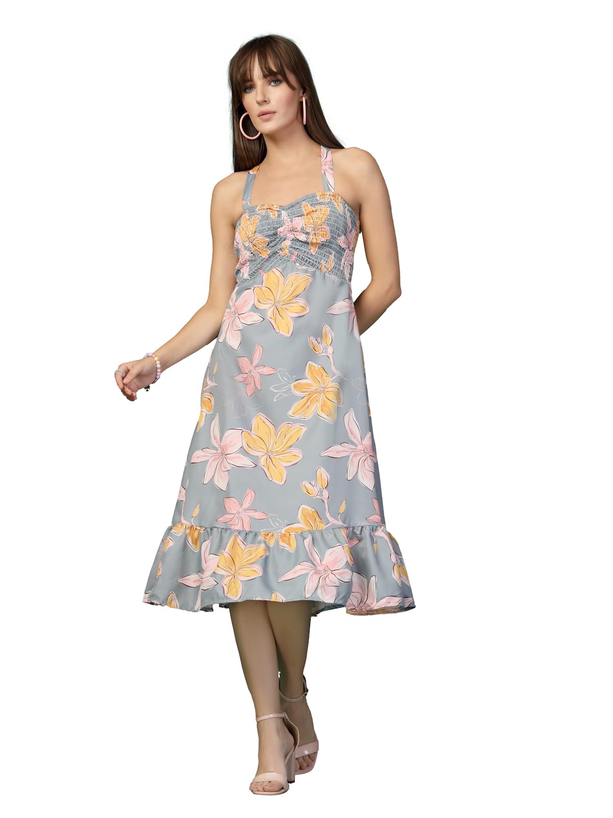 Oomph! Women's Western & Fusion Wear Printed Crepe Dress For Women, Smocked Bodice, Grey - Md1055