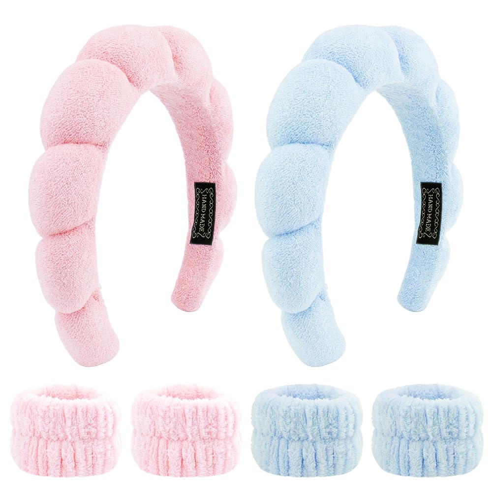 SPA Headbands for Washing Face Makeup Headbands with Bow Hair Band Women Facial Head Band Wrist Towel Wraps For Shower Face Mask Blue Pink, 6 Pack